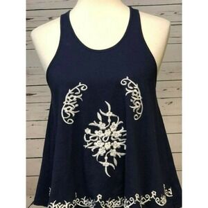 inTu Tank Top Womens Small Navy‎ Blue Embroidered Boho Racerback Sleeveless